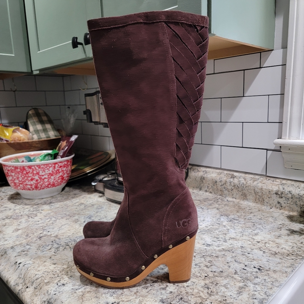 UGG Women's Dark Brown Suede Heeled Clog Boots